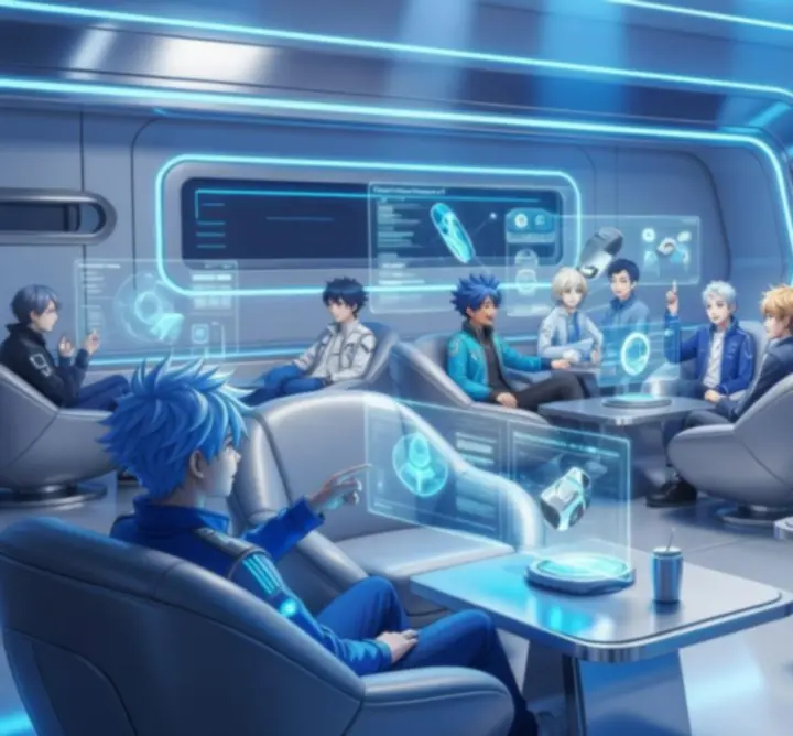 Futurikus, neonfényes tanulói társalgó kényelmes ülőhelyekkel és holografikus kijelzőkkel.