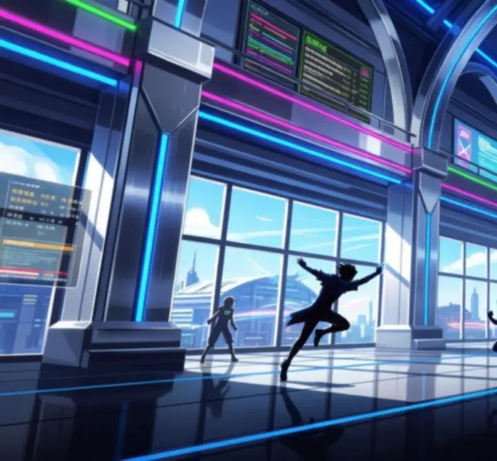 Anime-stílusú, futurisztikus akadémiai csarnok neonfényekkel és edzőzónákkal.