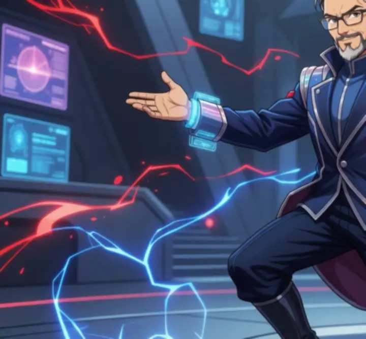 Futurikus, anime-stílusú akadémiai mentor portréja energikus, fénylő háttérrel.