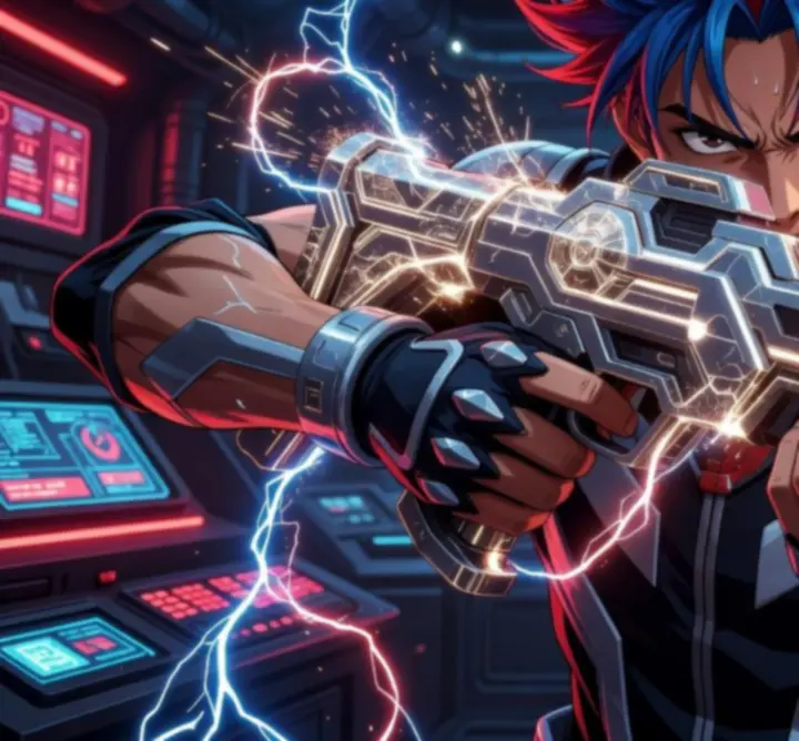 Szikrázó, fejlett anime fegyver, amelyet egy hős tart az Ultimate Magyar Play csatamezőjén