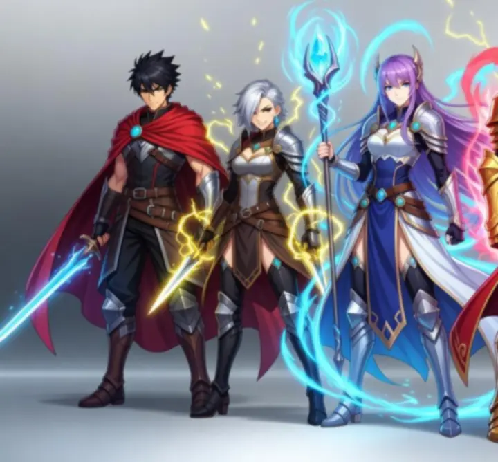 Anime stílusú hősök galériája különböző pózokban és fényhatásokkal