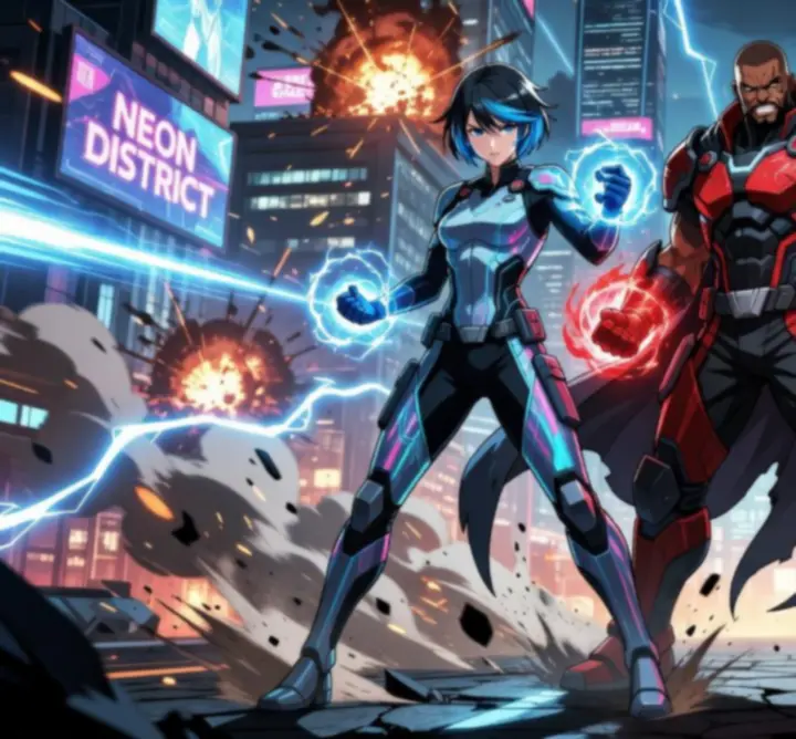 Anime hőscsapat látványos támadást indít egy neonfényes 3v3 csatatéren