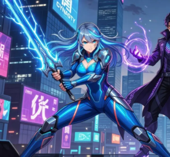 Anime stílusú hőscsapat portré neonfényes háttérrel