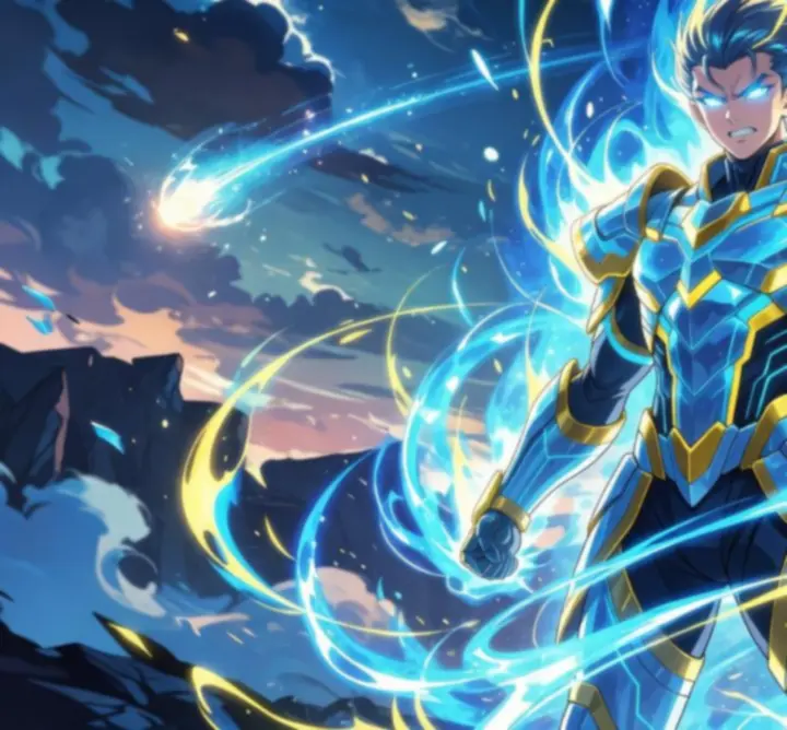 Anime hős látványos, fényben úszó transzformáció közben