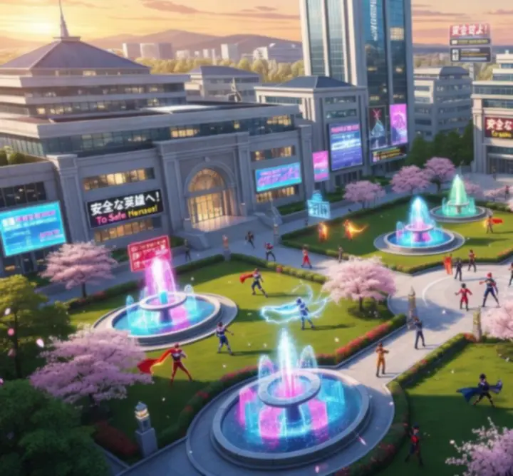 Anime stílusú hősi akadémia kampusz neon fények között