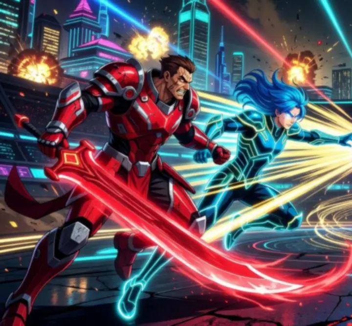 Intenzív anime stílusú 3v3 csata neon fényben úszó arénában