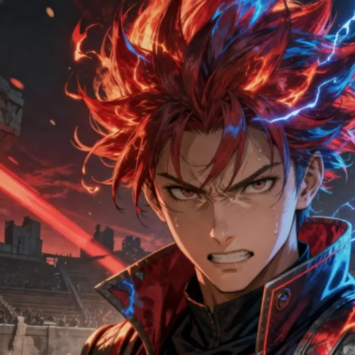 Anime stílusú kihívó harcos vörös aurával