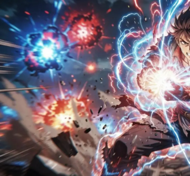 Anime hős látványos energia-támadást indít a csatamezőn